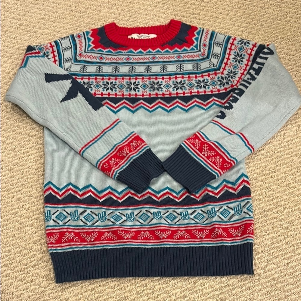 Vintage Cozy Blue and Red Crewneck Sweater with Fair Isle Pattern